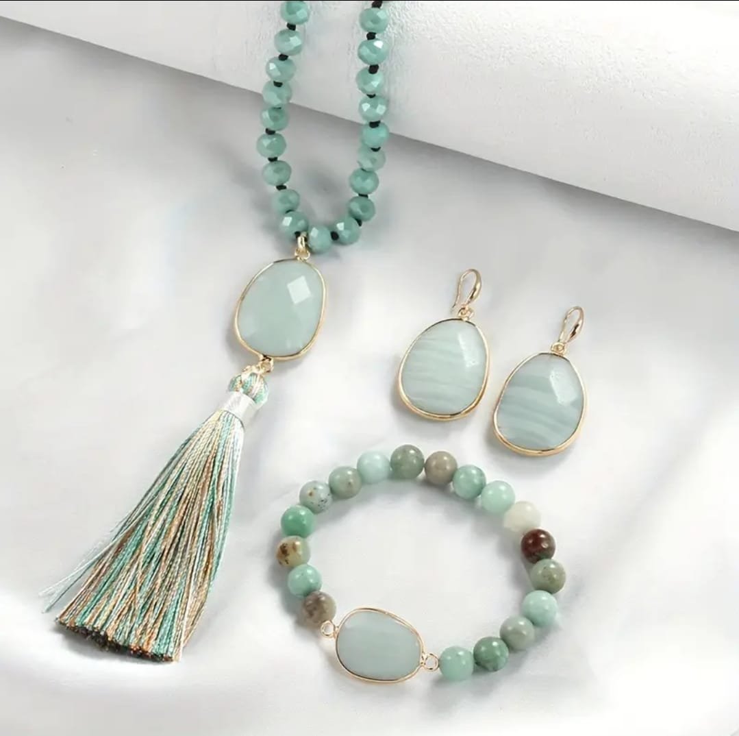 Natural Gemstone Set (8mm): A Trio of Elegance - Necklace, Bracelet, and Earrings