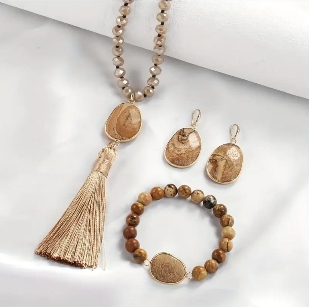 Natural Gemstone Set (8mm): A Trio of Elegance - Necklace, Bracelet, and Earrings
