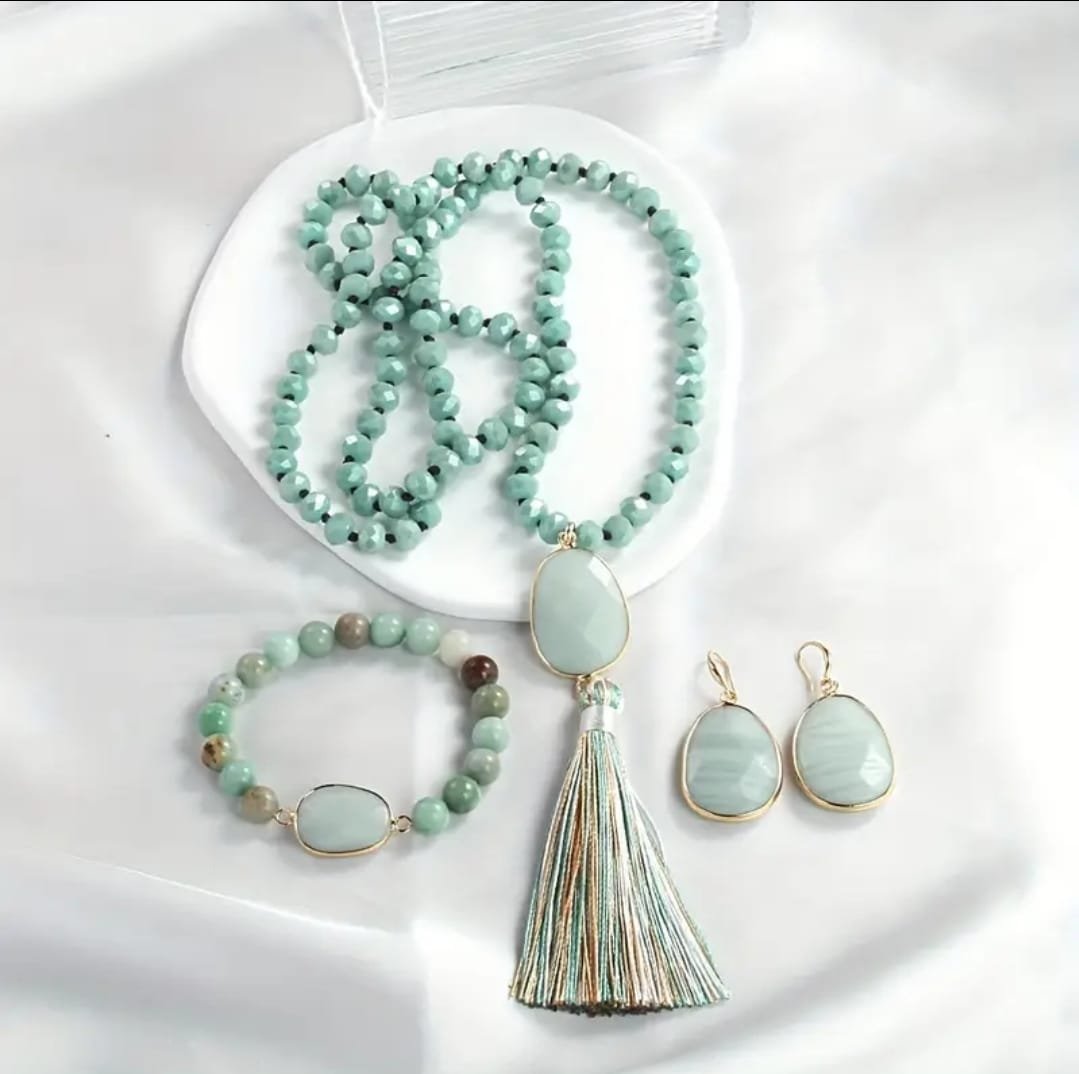 Natural Gemstone Set (8mm): A Trio of Elegance - Necklace, Bracelet, and Earrings