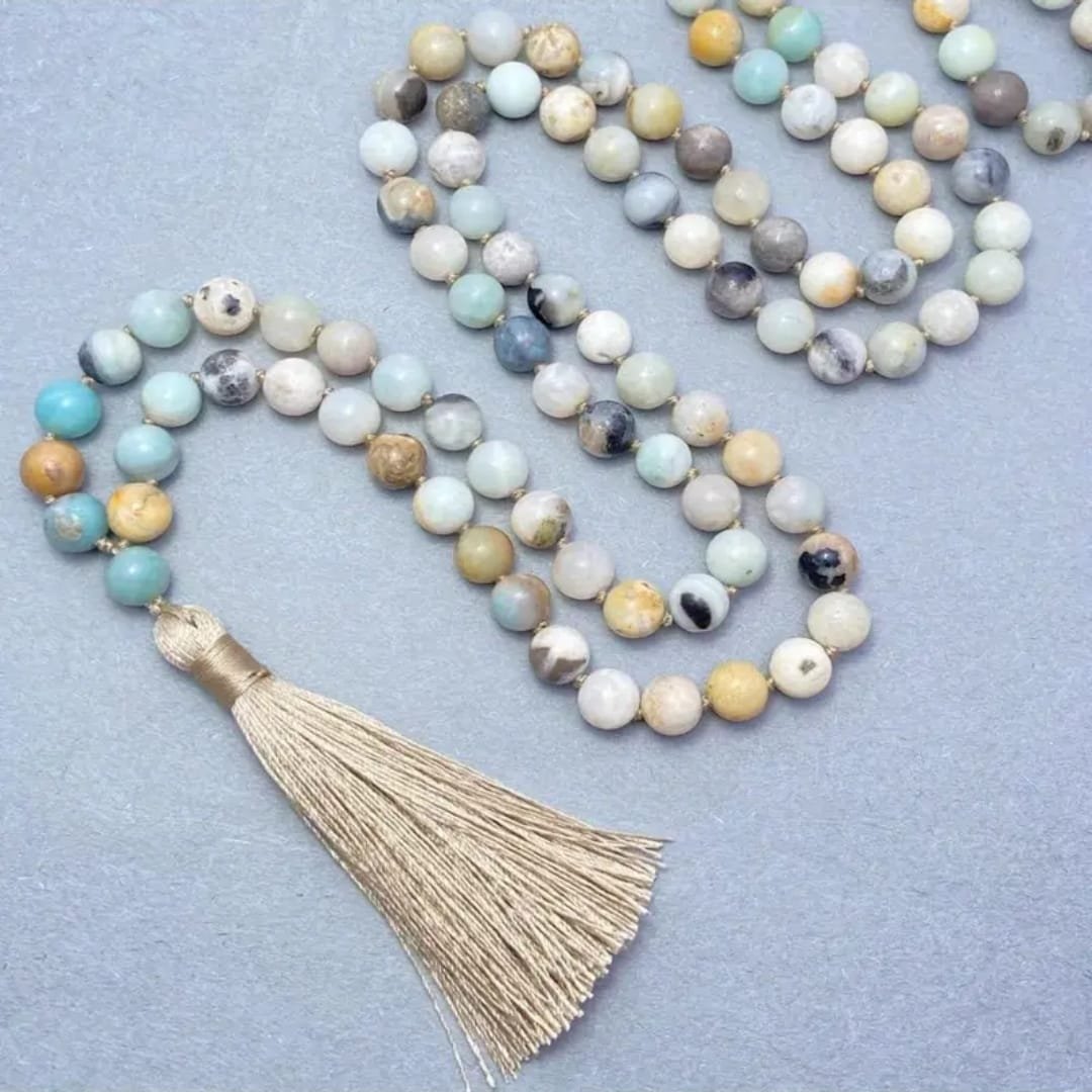 Natural Amazonite Stone Necklace – 108 Beads (6mm) + Tassel | Luxury Spiritual Design