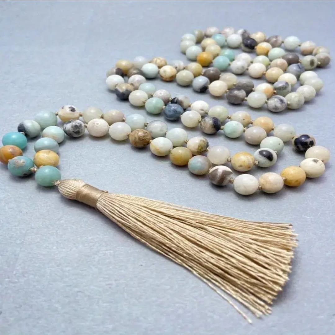 Natural Amazonite Stone Necklace – 108 Beads (6mm) + Tassel | Luxury Spiritual Design